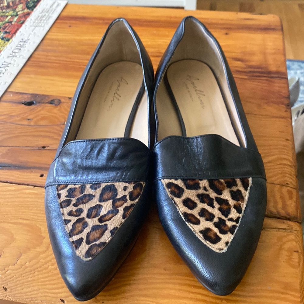 Avellini Black Leather Calf Hair Leopard Loafer Flats. Size 41 (fits 10)